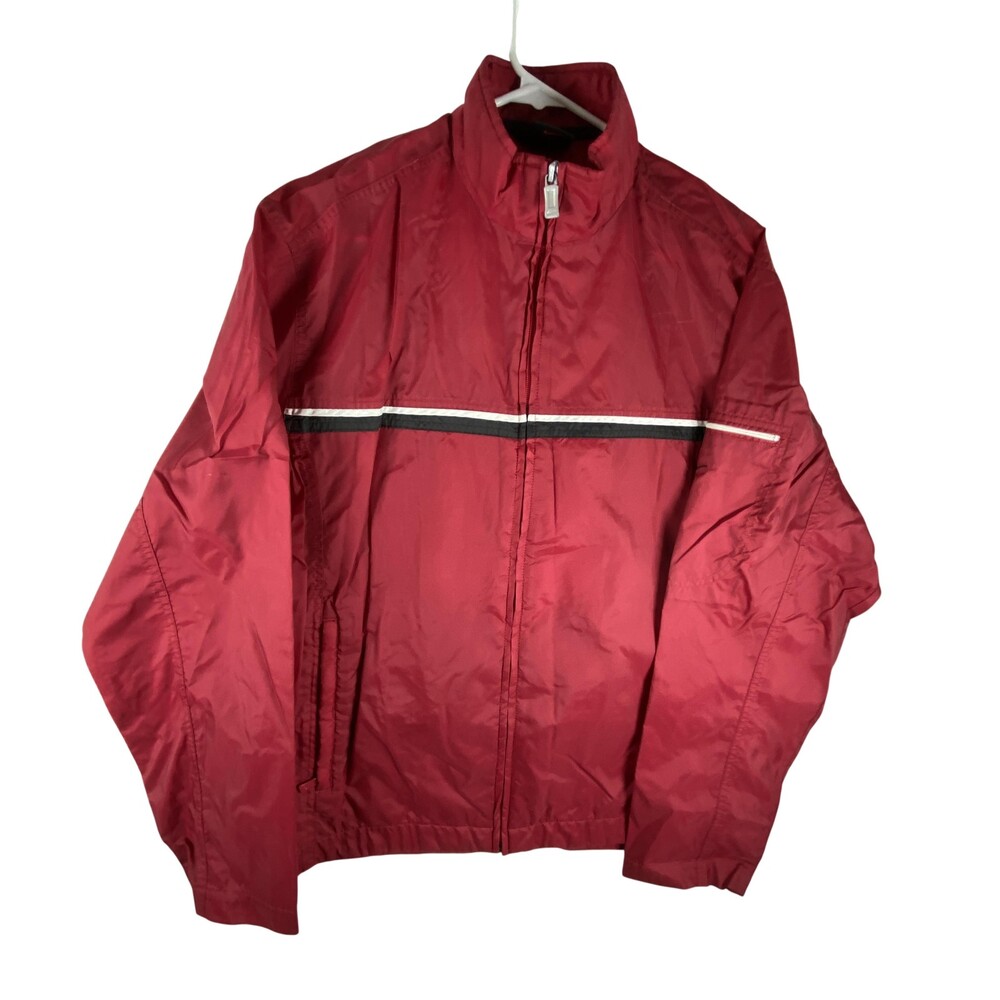 Nike Jacket Mens Large Red Stripe Windbreaker Full Zip Swoosh Running Nylon